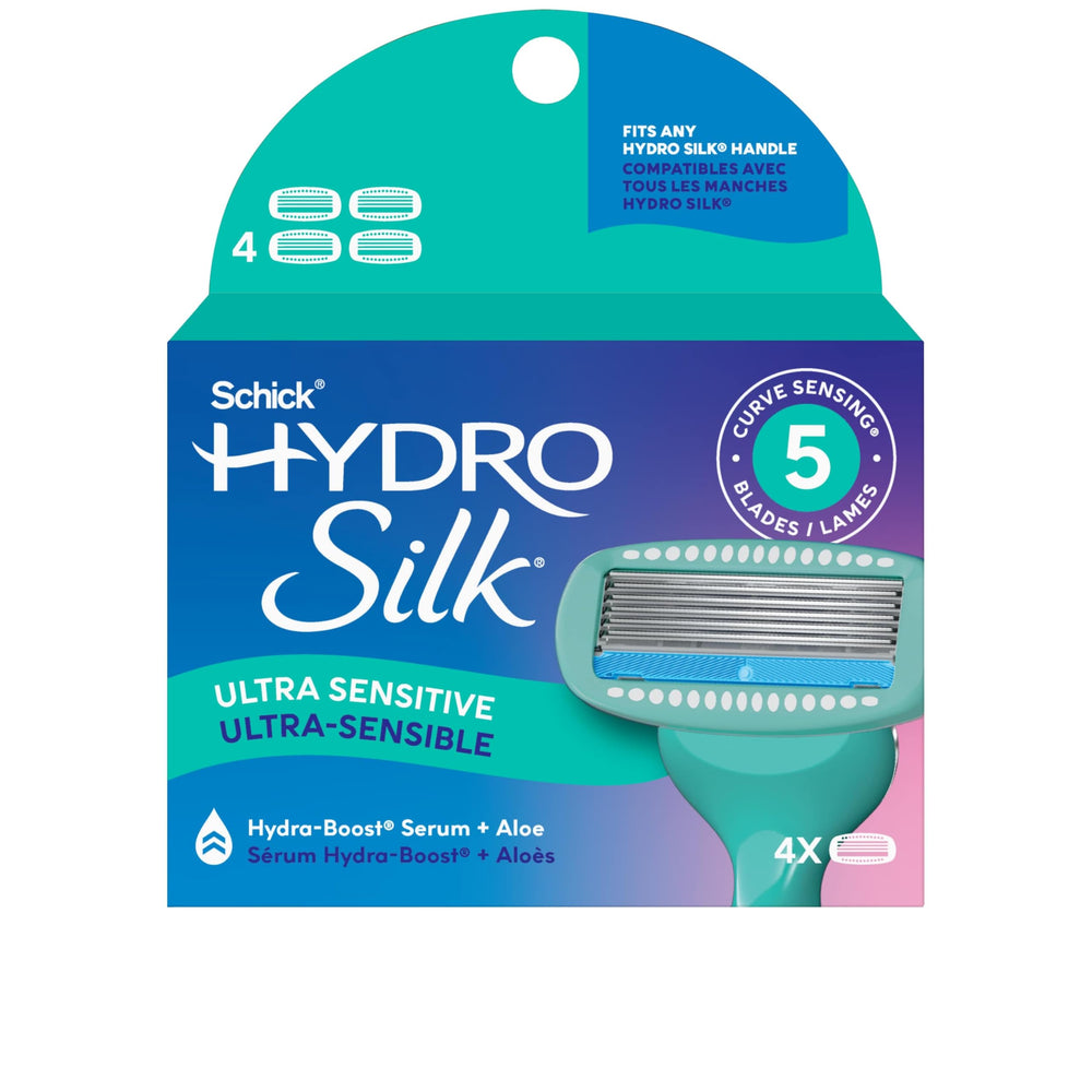 Schick Hydro Silk Sensitive refills in four‑count packaging for gentle daily shaving.