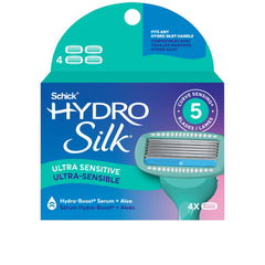 Schick Hydro Silk Sensitive refills in four‑count packaging for gentle daily shaving.