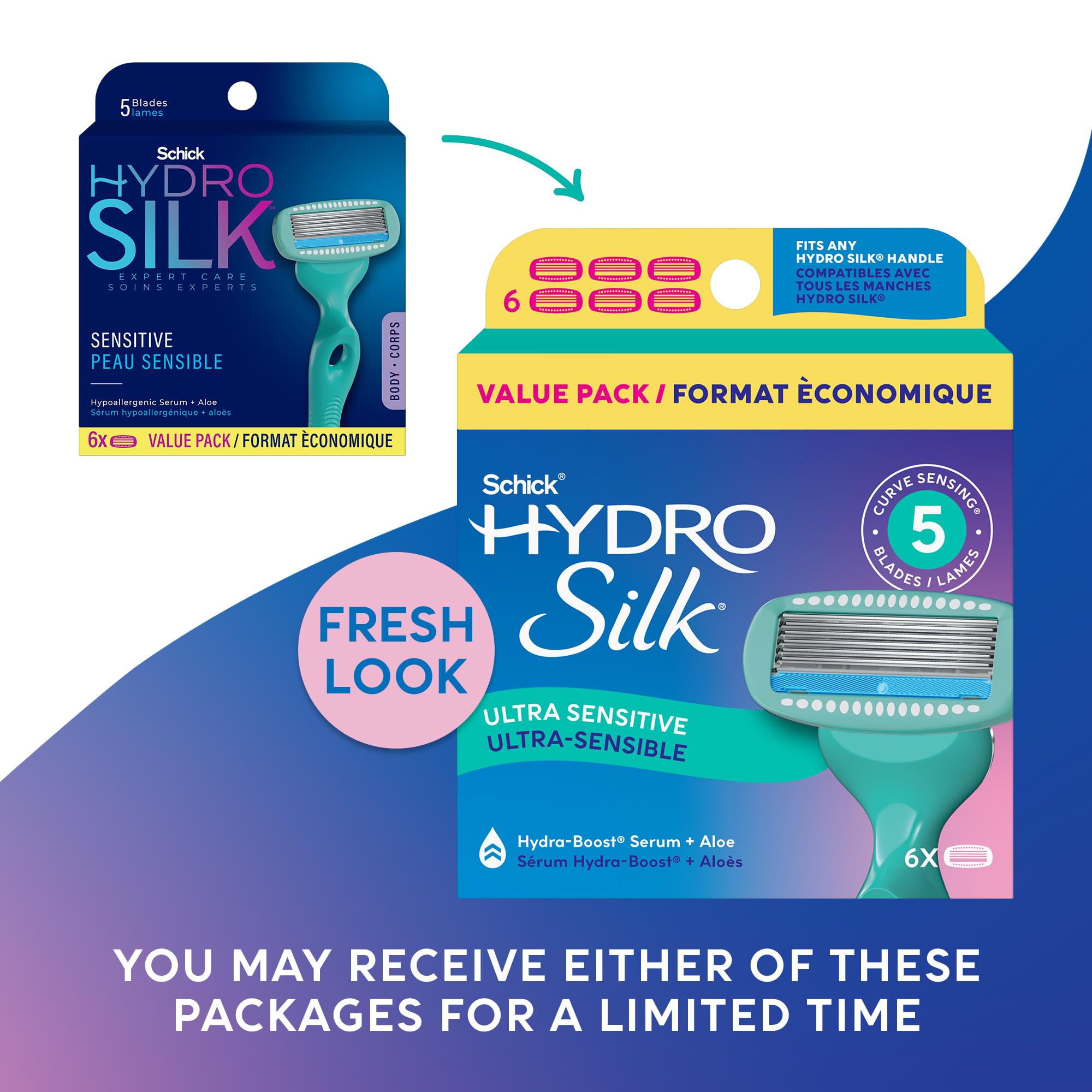 Schick Hydro Silk Sensitive refills close-up blades highlight curve-sensing design.