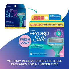 Schick Hydro Silk Sensitive refills close-up blades highlight curve-sensing design.