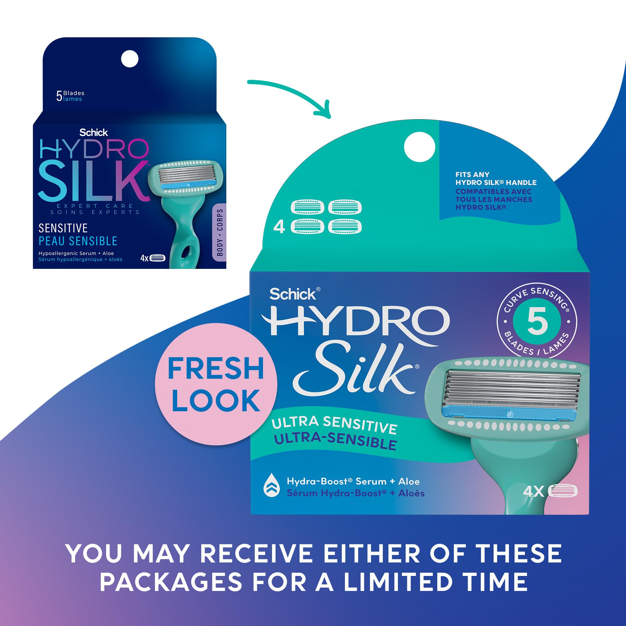Schick Hydro Silk skin protection coating highlights reduced irritation during use.