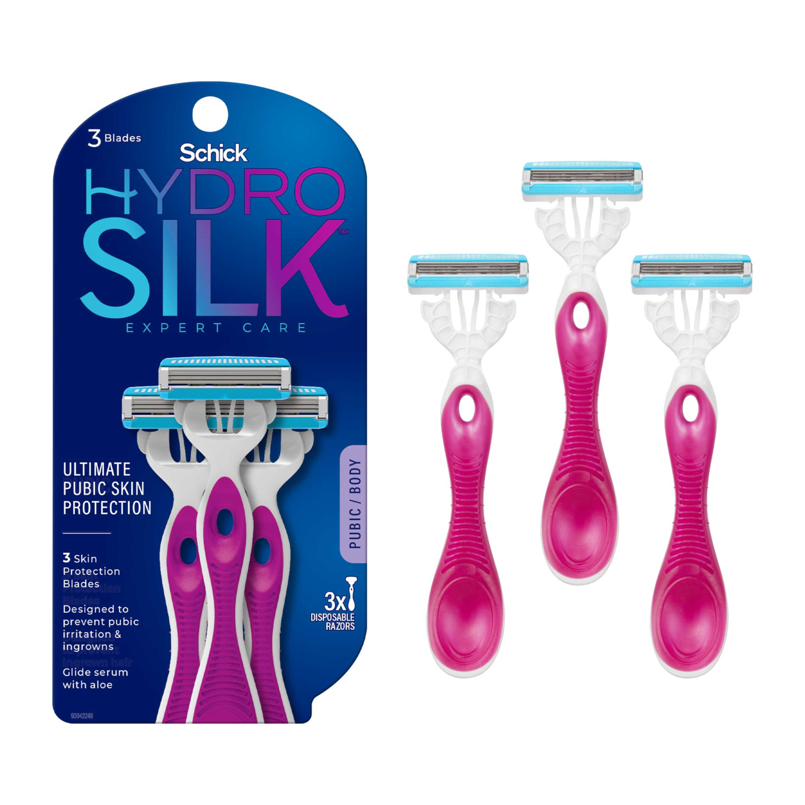 Schick Hydro Silk Ultimate Pubic Skin Protection razor with three blades for smooth bikini-area shaving.