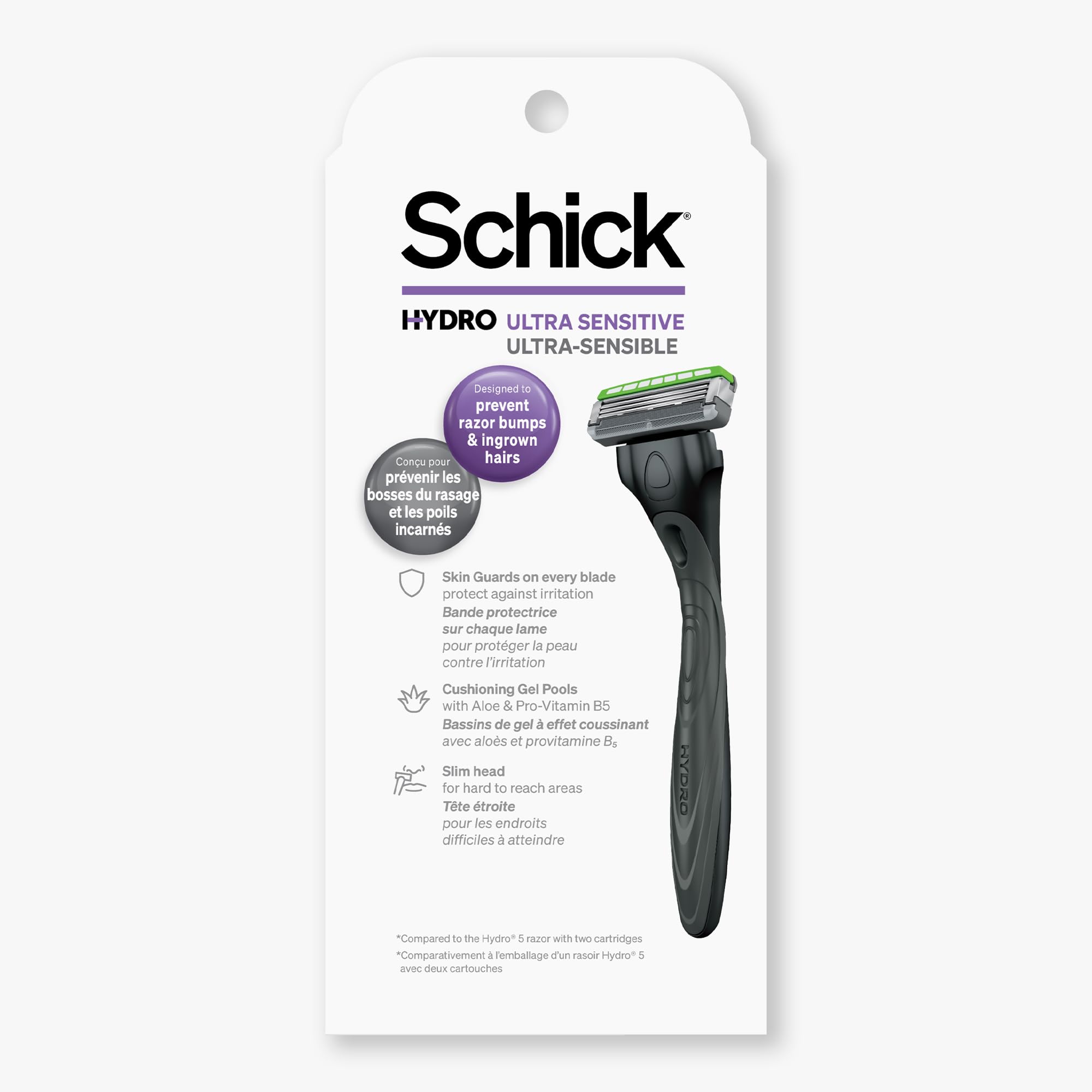 Schick Hydro Ultra Sensitive Razor ergonomic, no-slip handle for control