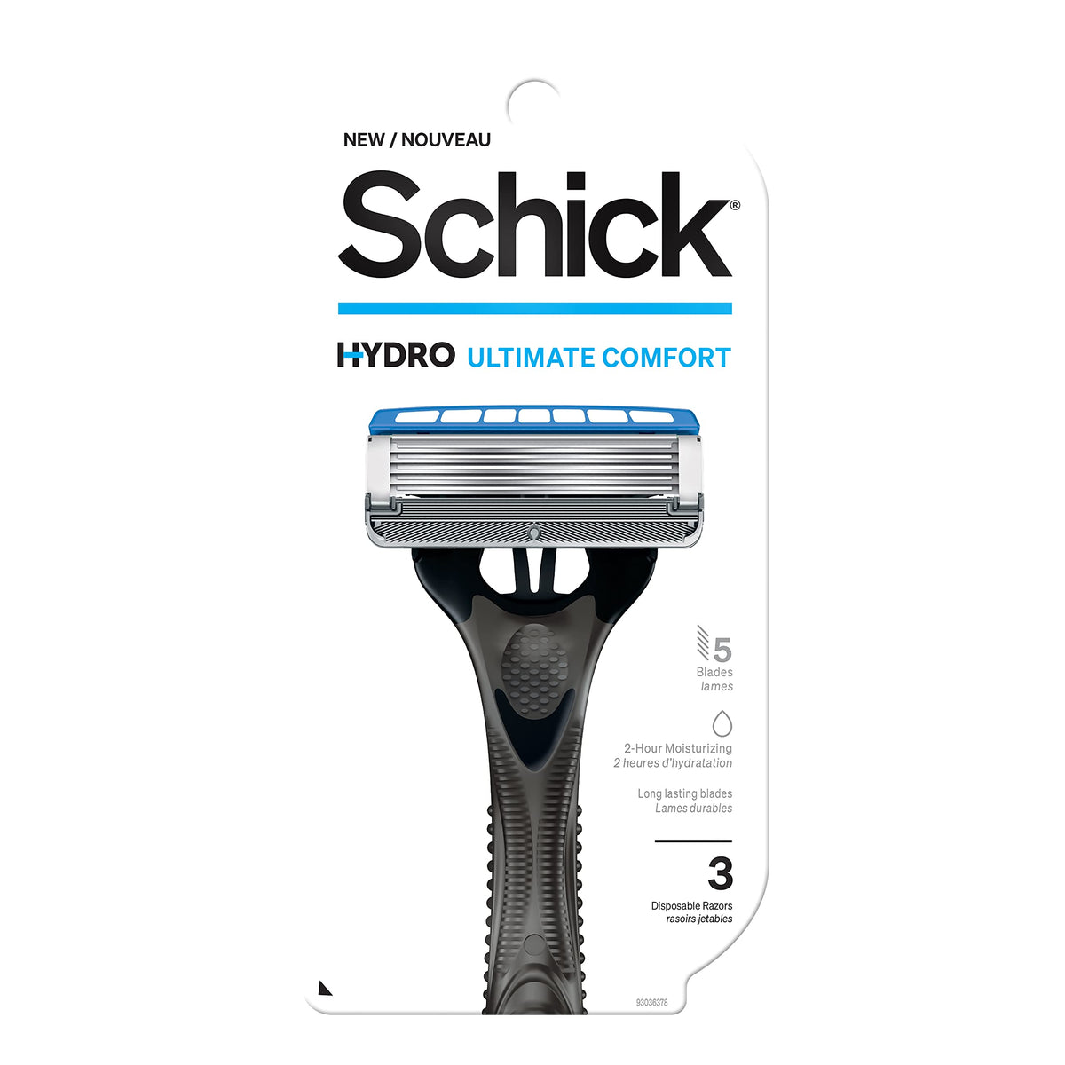 Schick Hydro 5 disposable razor with hydrating gel reservoir for a smoother shave.