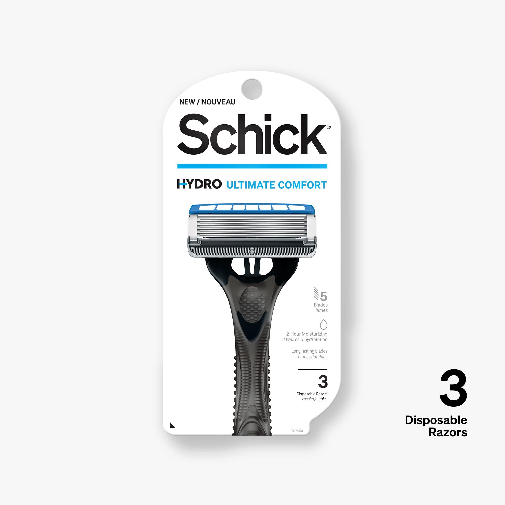 Schick Hydro 5 with five ultra-glide blades and skin guards reducing friction.