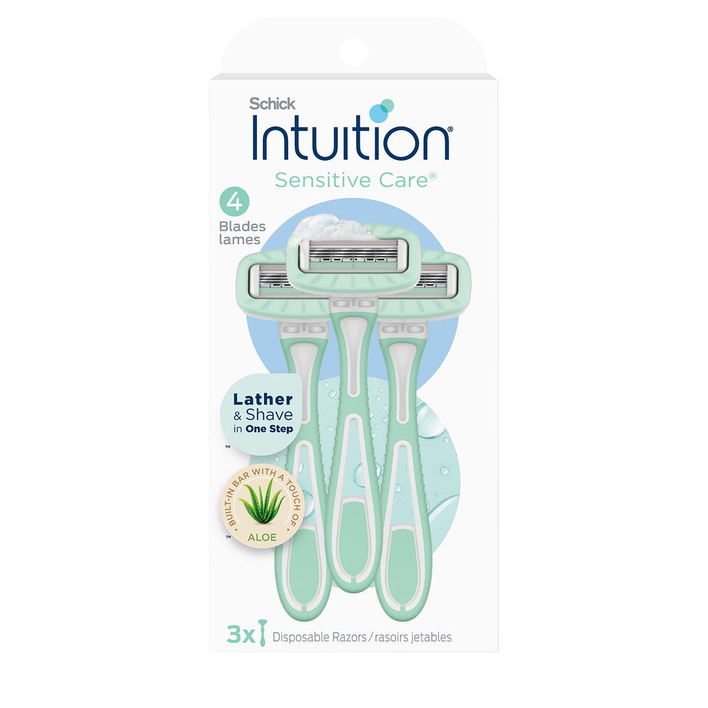 Schick Intuition razor close-up shows built-in moisturizing bar for easy shaving.
