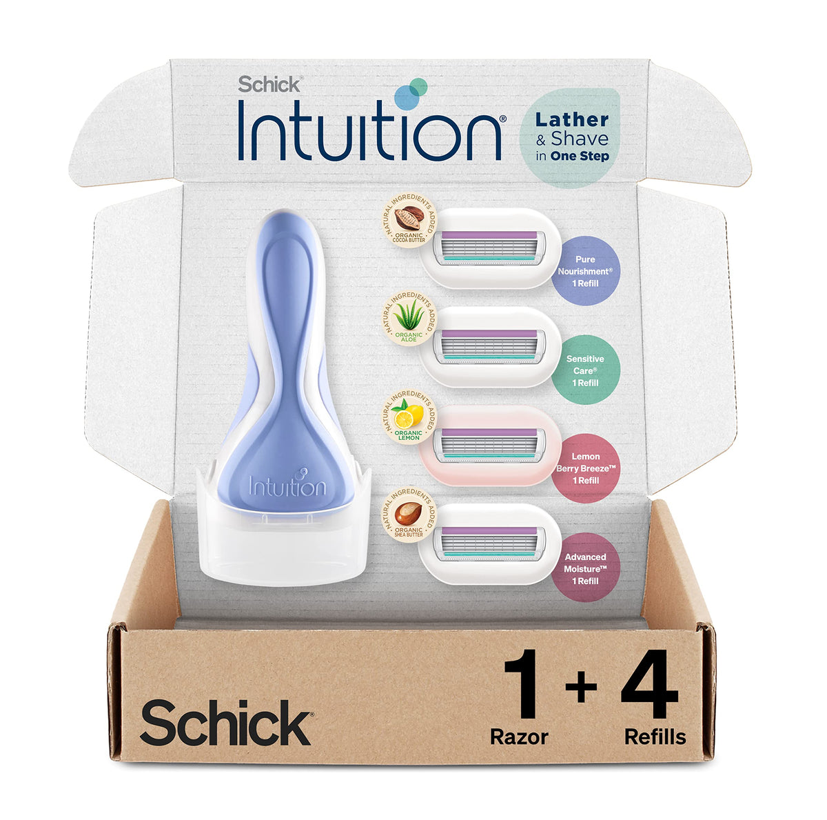 INTUITION Schick razor handle with stand-up cap for easy shower storage.