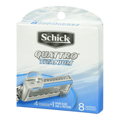 Schick Quattro lubricating strip with Aloe and Vitamin E enhances glide.