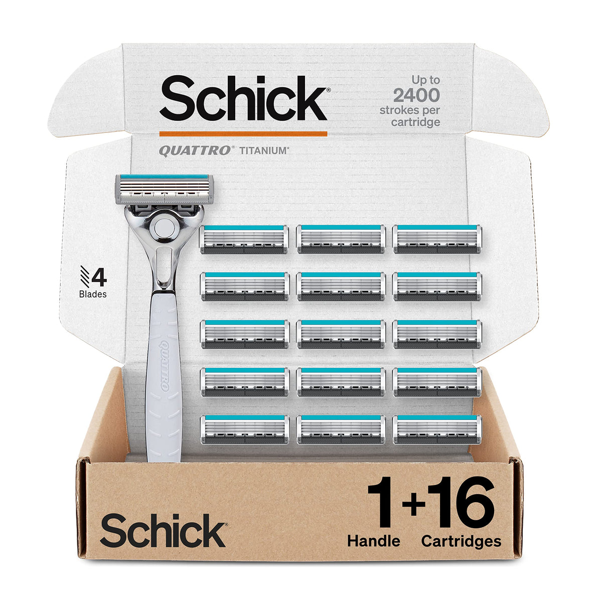 Schick Quattro Titanium razor handle for a comfortable, precise grip.