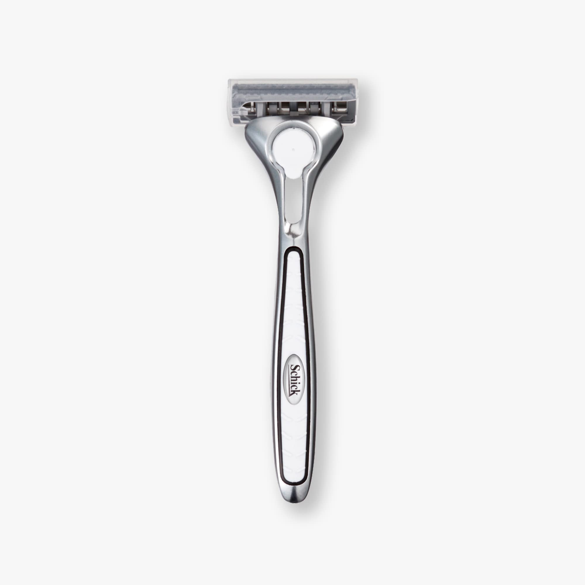 Schick Quattro Titanium Razor lubricating strip with aloe, vitamin E, and B-5 for glide.