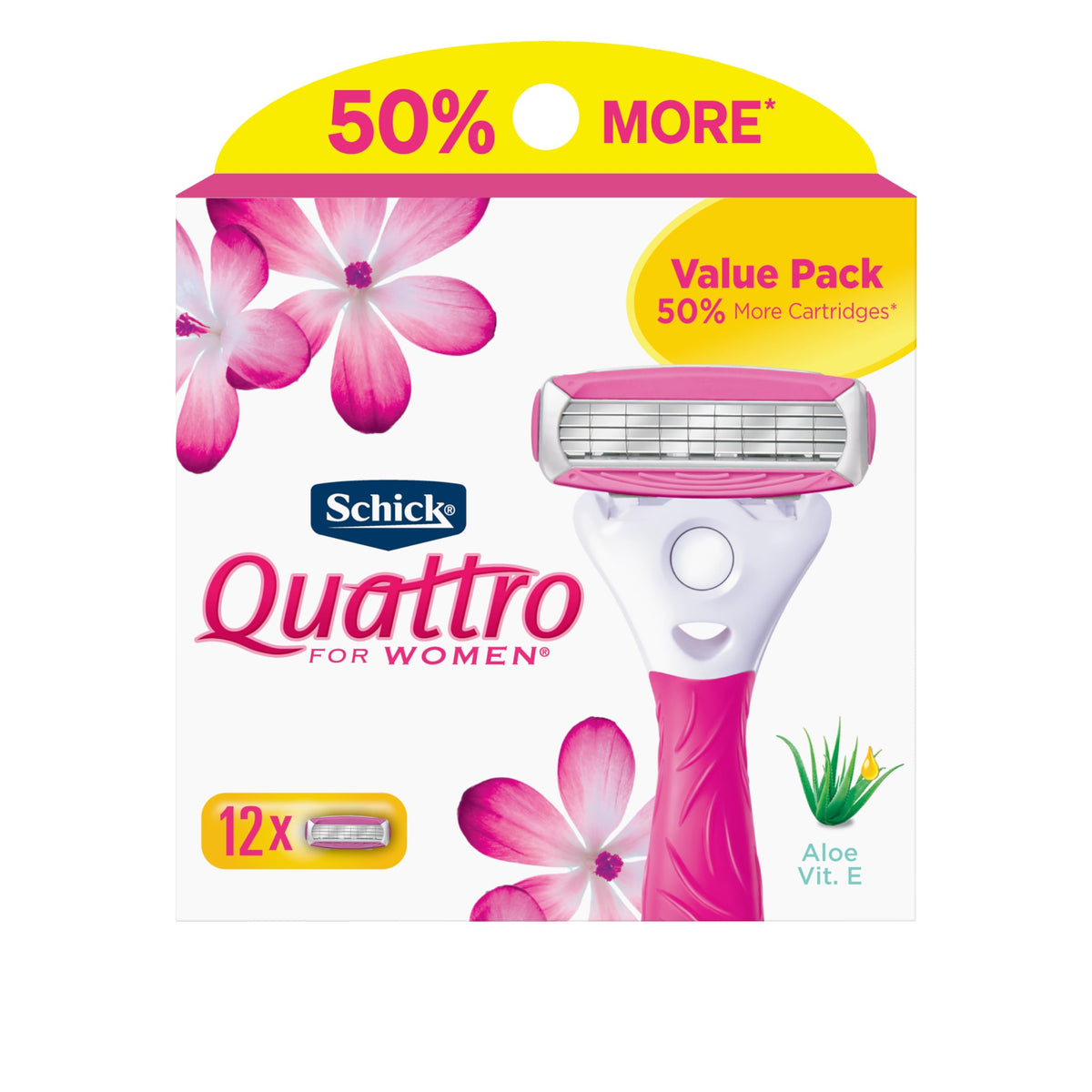 Schick Quattro Womens razor refills packed close-up, offering easy replacement for a smooth, ready-to-use shave.