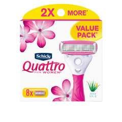 Schick Quattro Womens razor pack with 8 refills for smooth shaving.