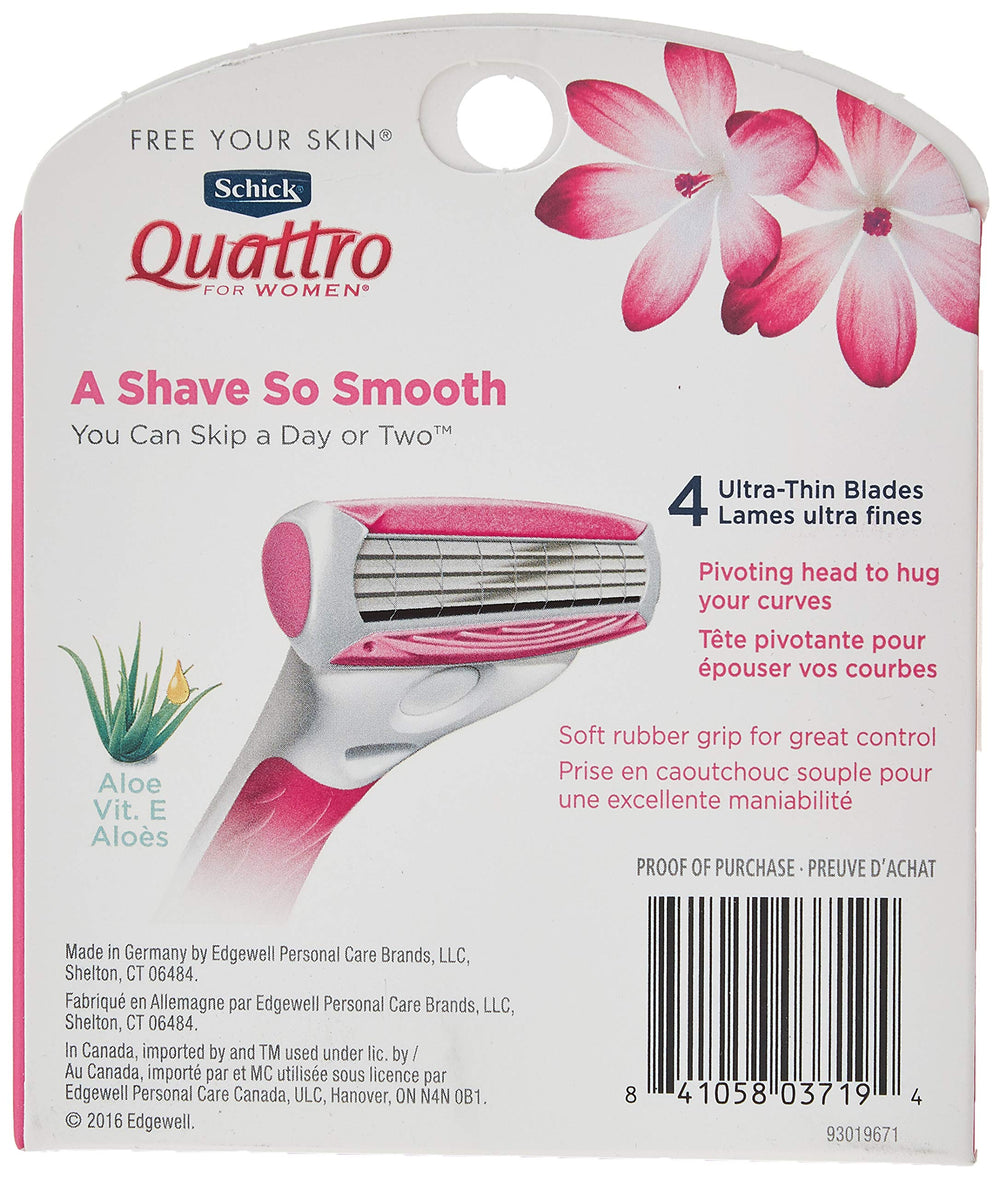 Schick Quattro for Women refill showing Aloe Vera and Vitamin E moisture strip for smoother glide.
