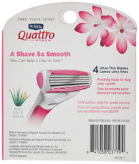 Schick Quattro for Women refill showing Aloe Vera and Vitamin E moisture strip for smoother glide.