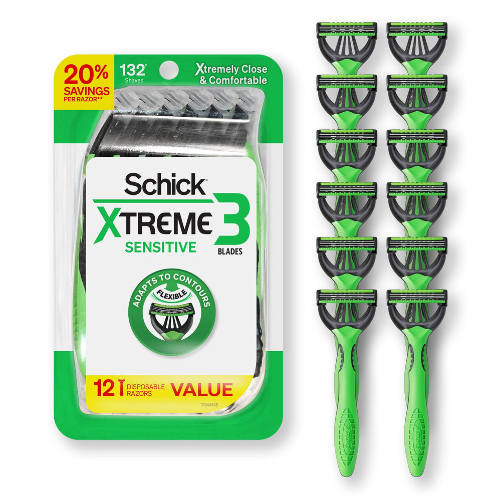Schick Xtreme3 razor close-up showing 3 flexible blades for gentle sensitive-skin shaving