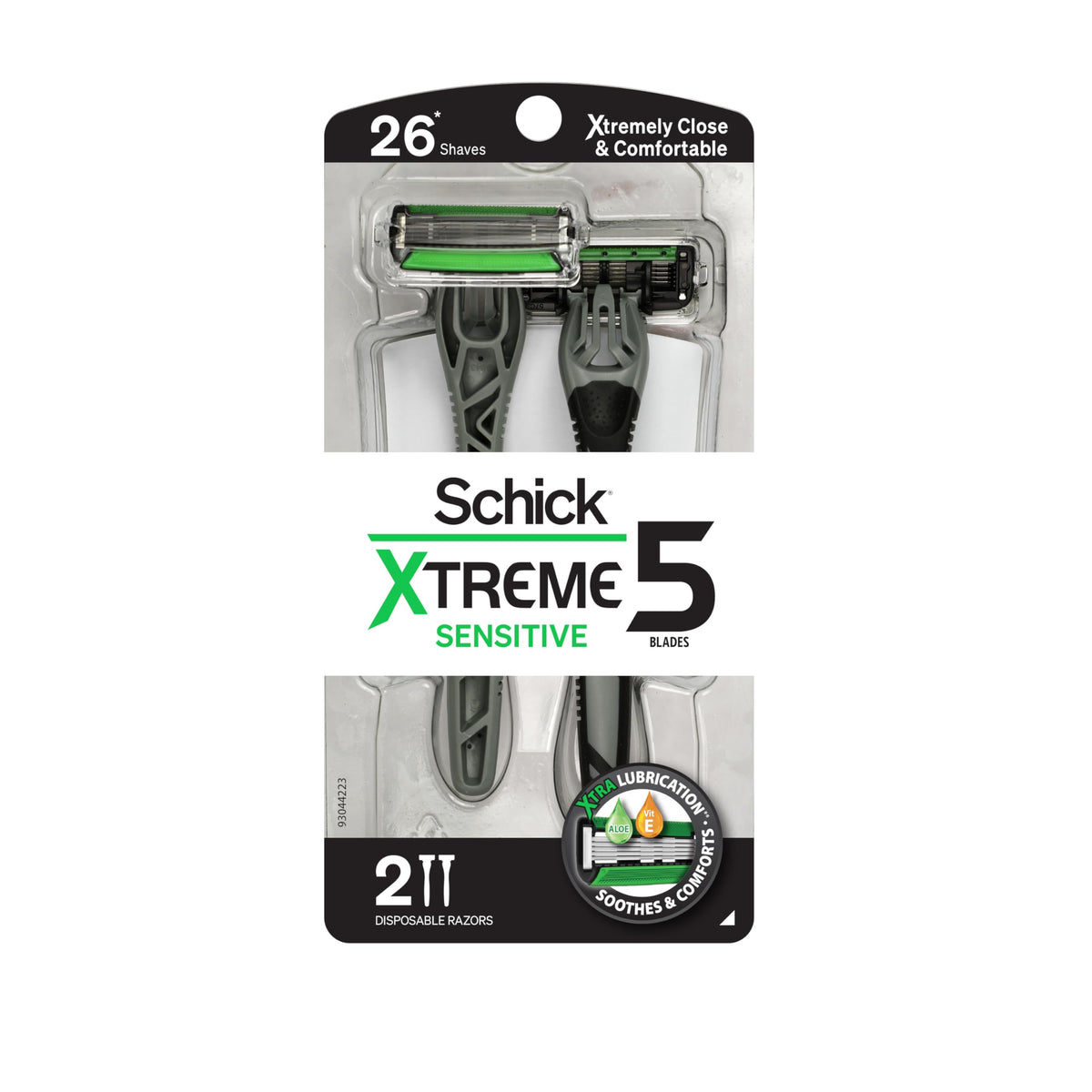 Schick Xtreme5 Sensitive razor 2-pack packaging for a comfortable shave.