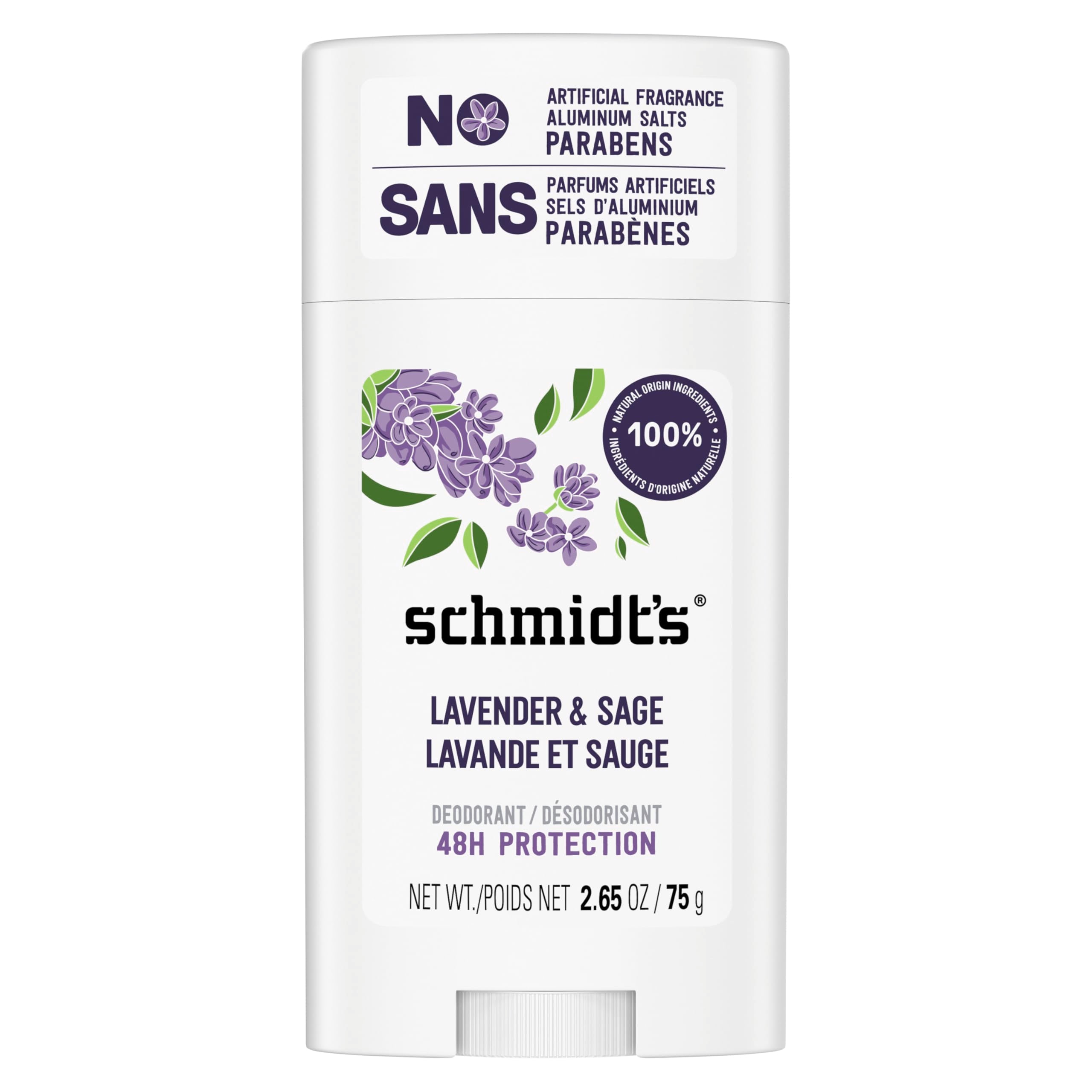 Schmidt's Lavender & Sage aluminum-free deodorant stick shown ready to apply; long-lasting odor protection
