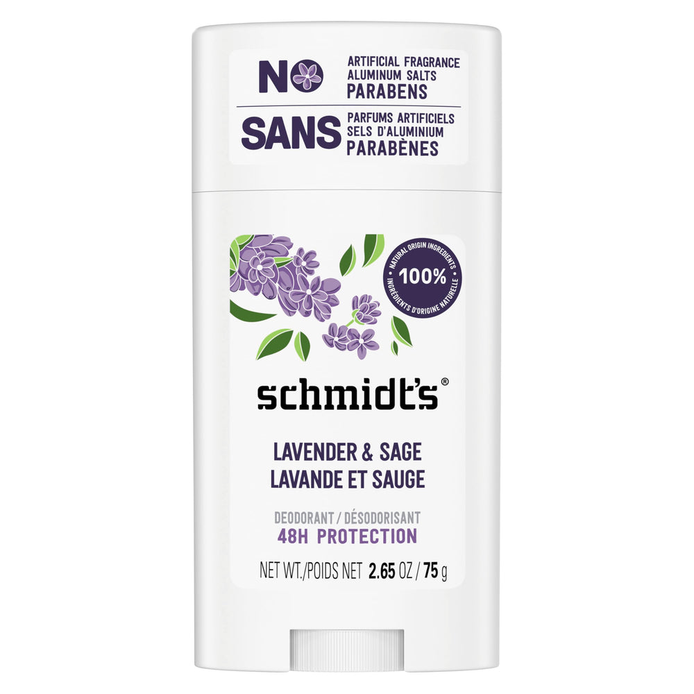 Schmidt's Lavender & Sage aluminum-free deodorant stick shown ready to apply; long-lasting odor protection