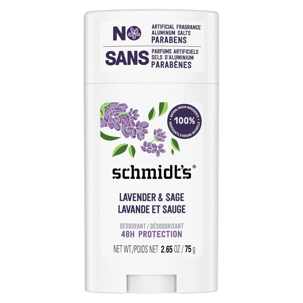 Schmidt's Lavender & Sage aluminum-free deodorant stick shown ready to apply; long-lasting odor protection