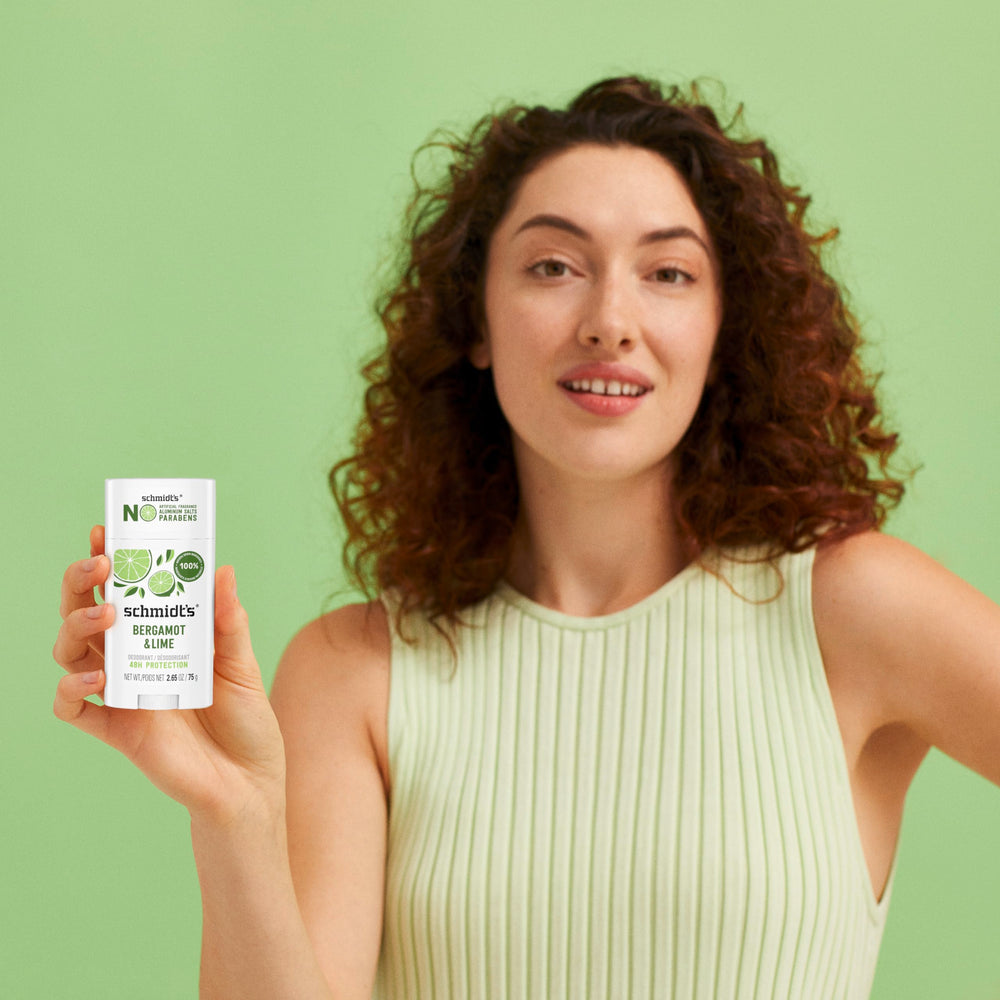 Schmidt's Bergamot & Lime 24-hour protection icon suggests lasting odor control.