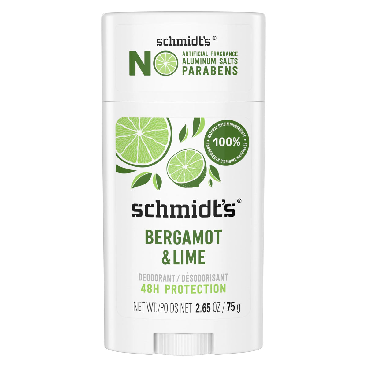Schmidt's Bergamot & Lime deodorant packaging highlighting aluminum-free formula for fresh use