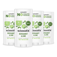 Schmidt's Bergamot & Lime deodorant stick demonstrates aluminum-free, all-day freshness.