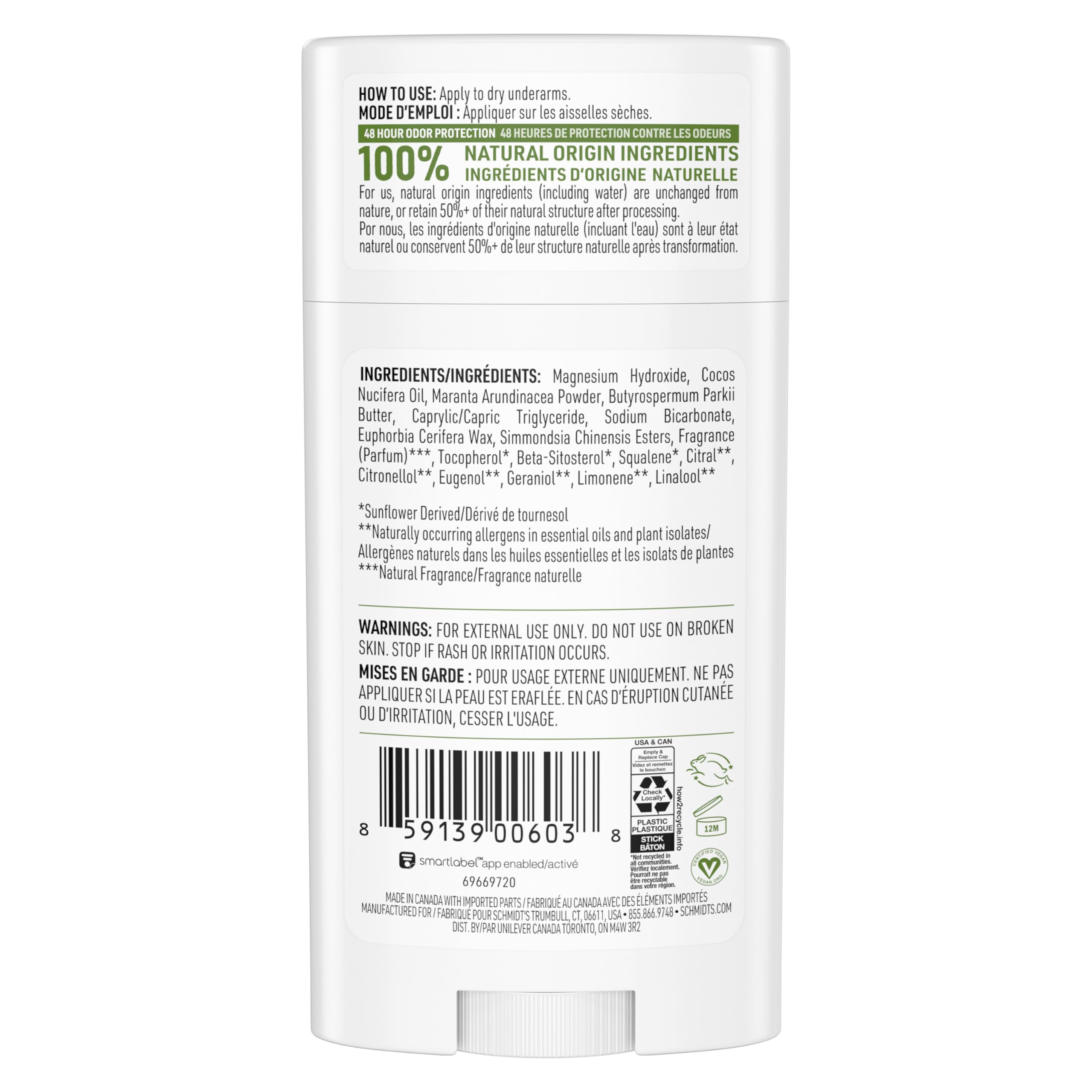 Schmidt's Bergamot & Lime ingredients panel lists natural origin components