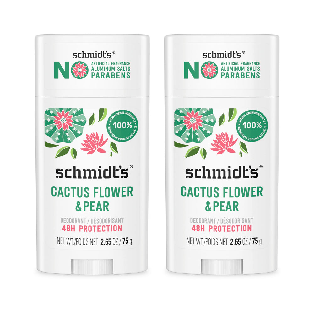 Schmidt's cactus flower and pear deodorant stick front view showing aluminum-free protection.
