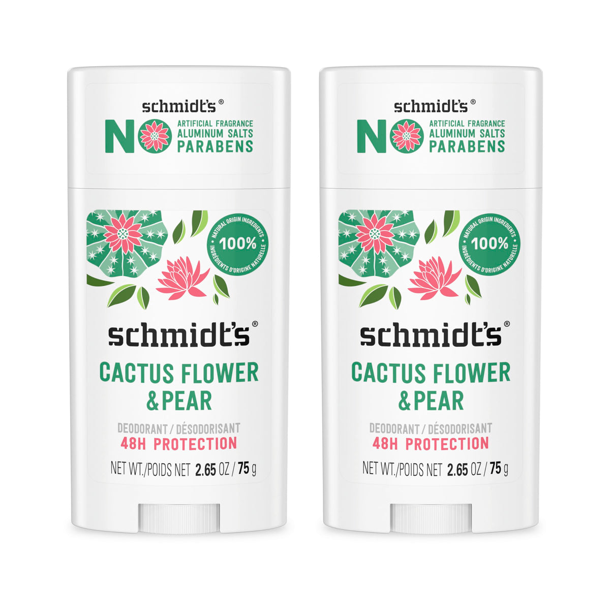 Schmidt's cactus flower and pear deodorant stick front view showing aluminum-free protection.