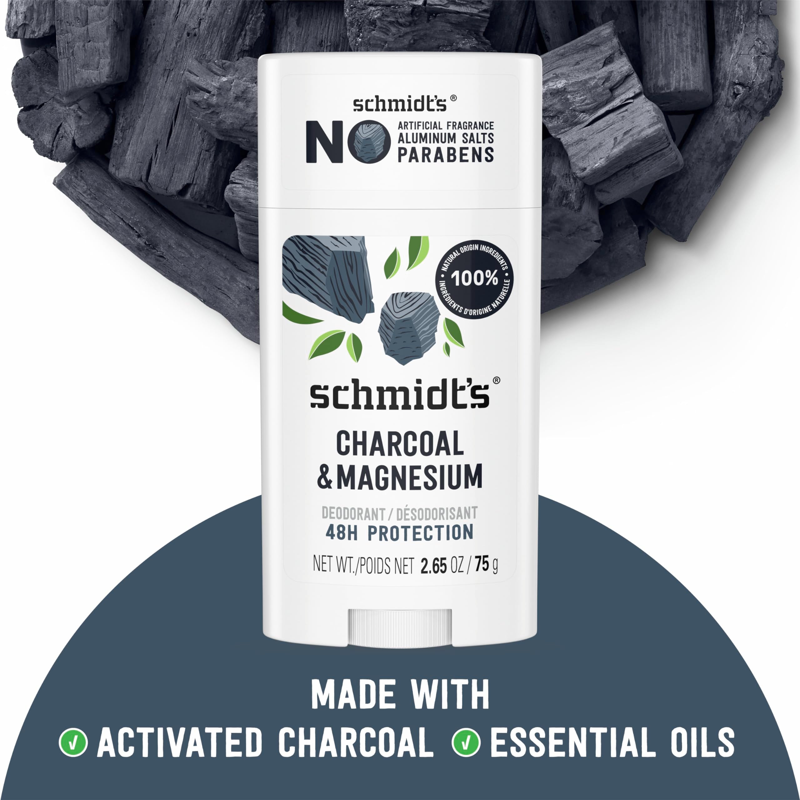 Schmidt's Charcoal & Magnesium deodorant packaging front shows vegan and cruelty-free labeling.