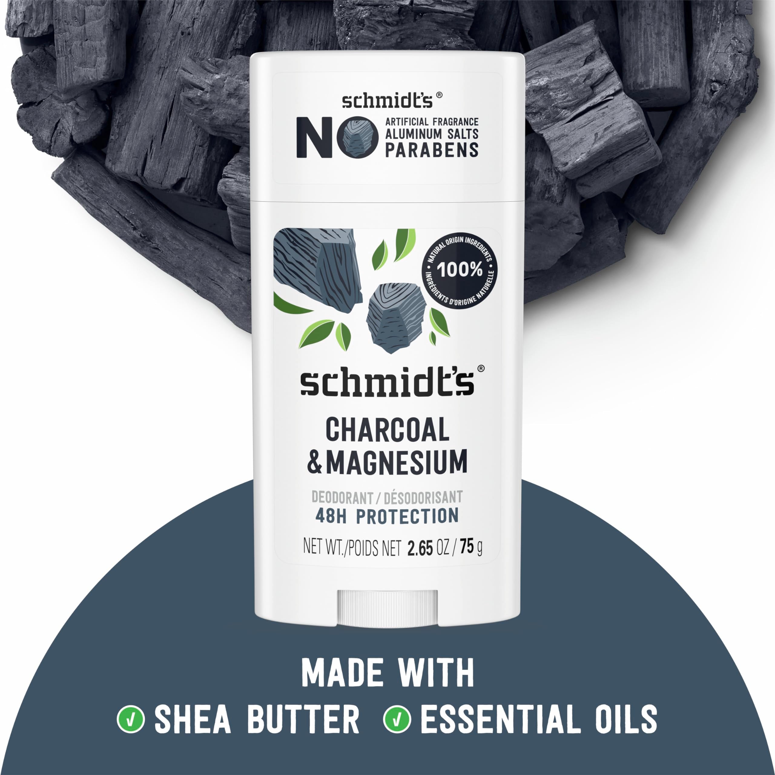 Schmidt's Charcoal & Magnesium deodorant scent notes of tea tree and lavender provide a fresh, earthy aroma.
