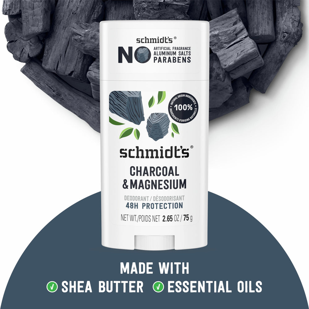 Schmidt's Charcoal & Magnesium deodorant scent notes of tea tree and lavender provide a fresh, earthy aroma.