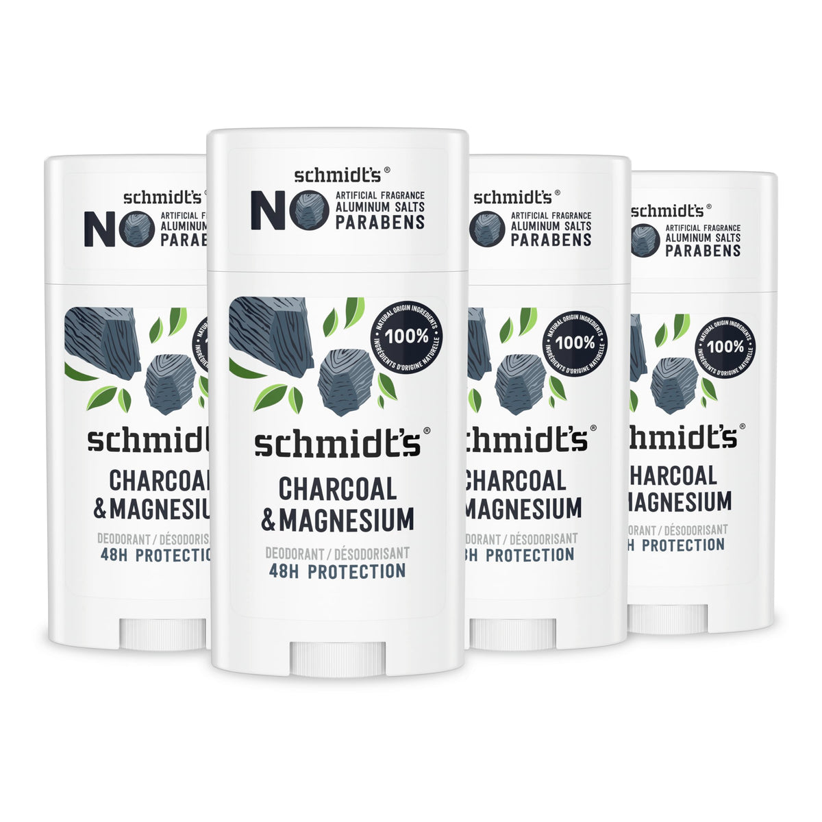 Schmidt's Charcoal & Magnesium deodorant stick close-up highlighting aluminum-free, natural fragrance.