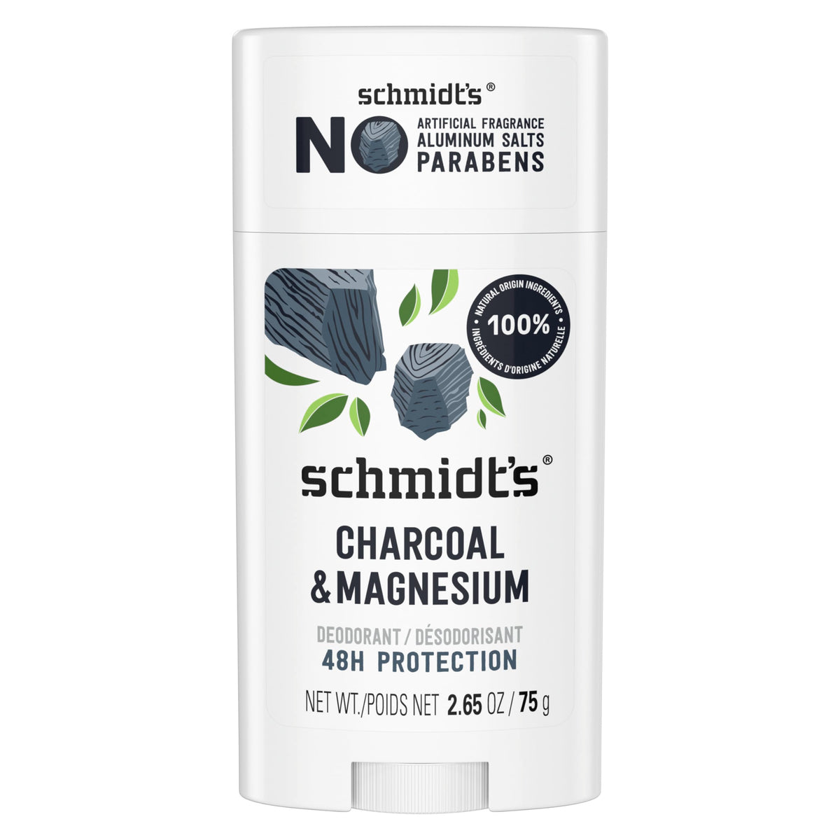 Schmidt's desodorante carbón y magnesio, frente de la botella, protección 24 horas para piel fresca