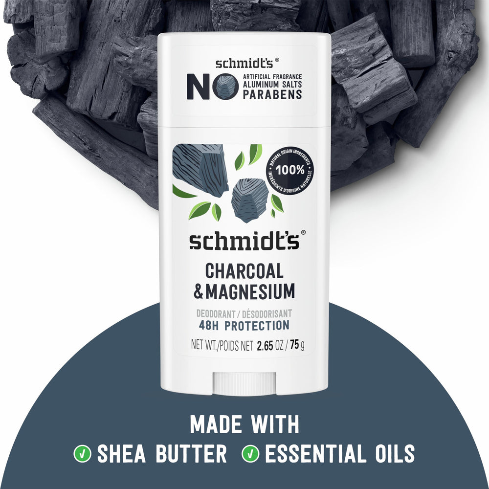 Schmidt's desodorante carbón magnesio, ingredientes naturales, aroma terroso que evoca naturaleza