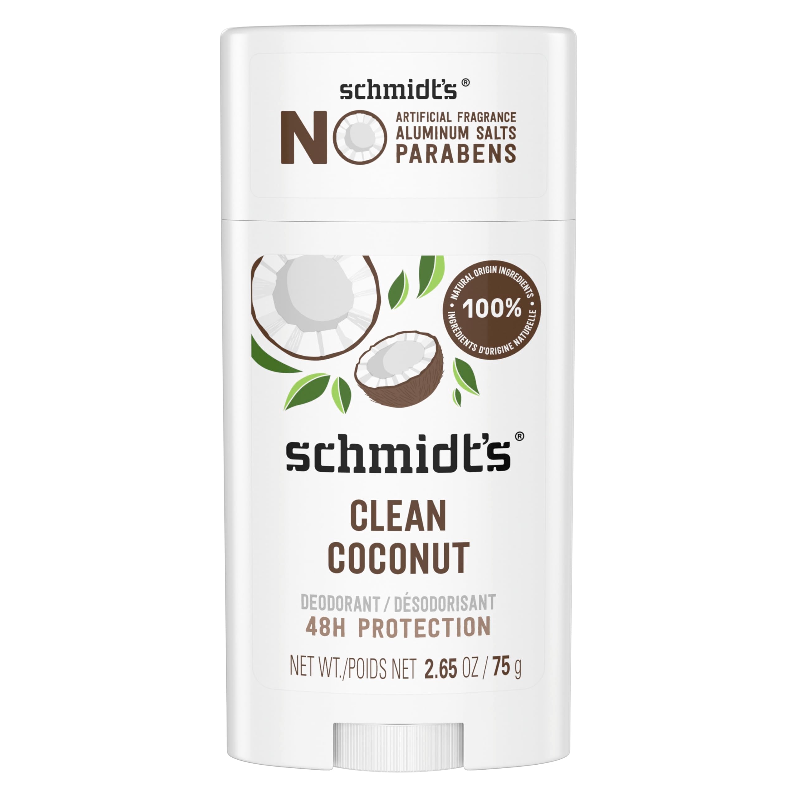 Schmidt's Clean Coconut en barra frente, aroma tropical y protección de 24 horas.