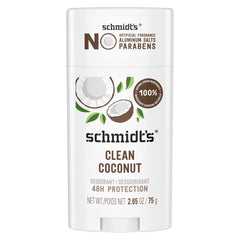 Schmidt's Clean Coconut en barra frente, aroma tropical y protección de 24 horas.