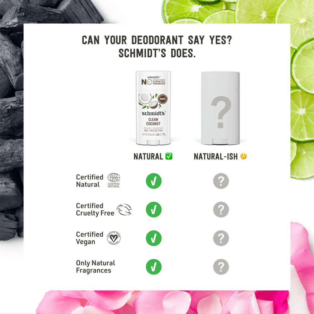 Schmidt's Clean Coconut empaque, ingredientes naturales y veganos visibles.