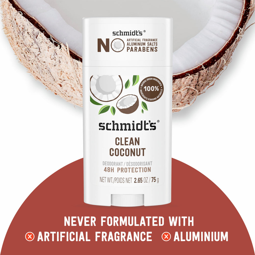 Schmidt's Clean Coconut envase detalle, desodorante sin aluminio.