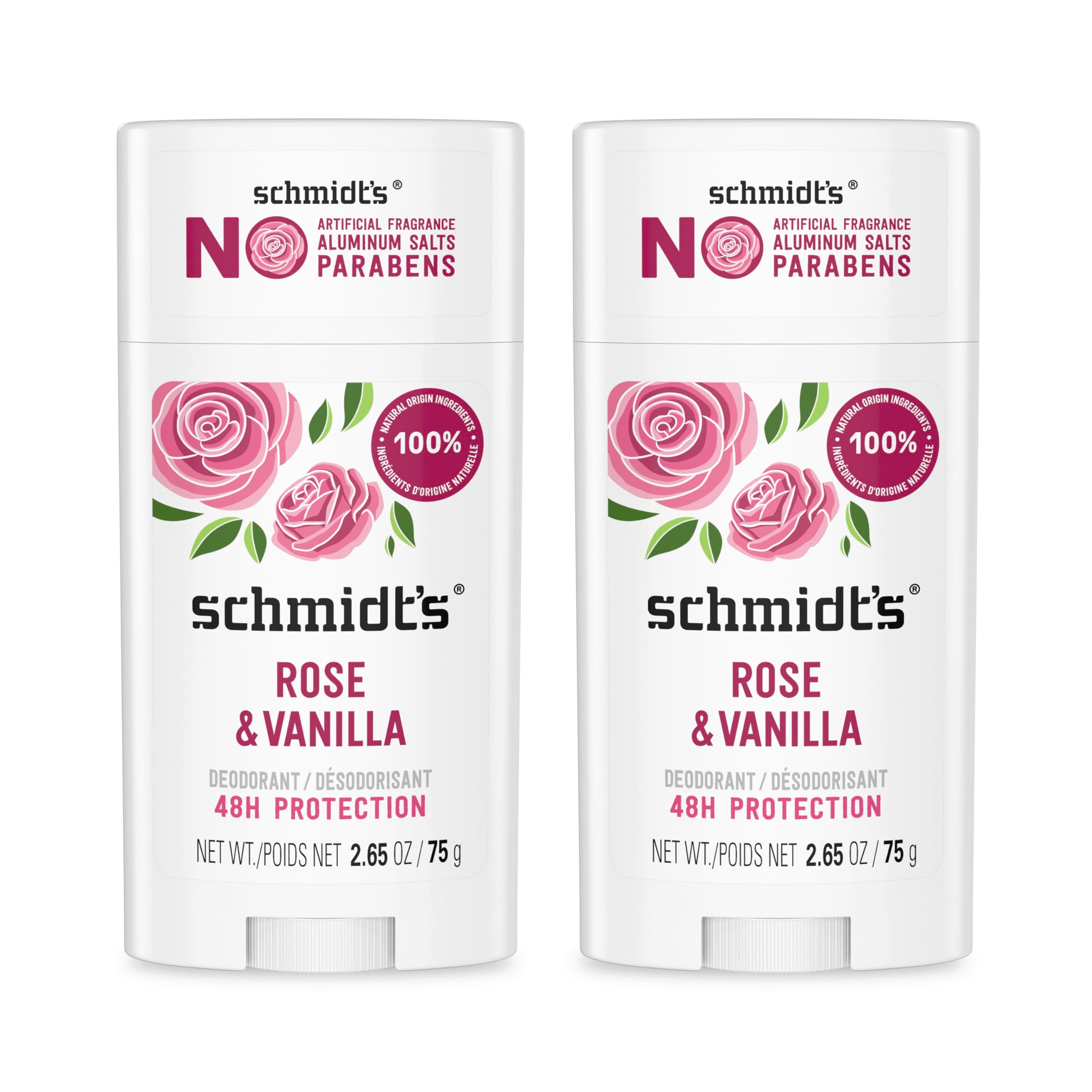 Schmidt's Rosas y vainilla, envase frontal, desodorante natural sin aluminio para uso diario.