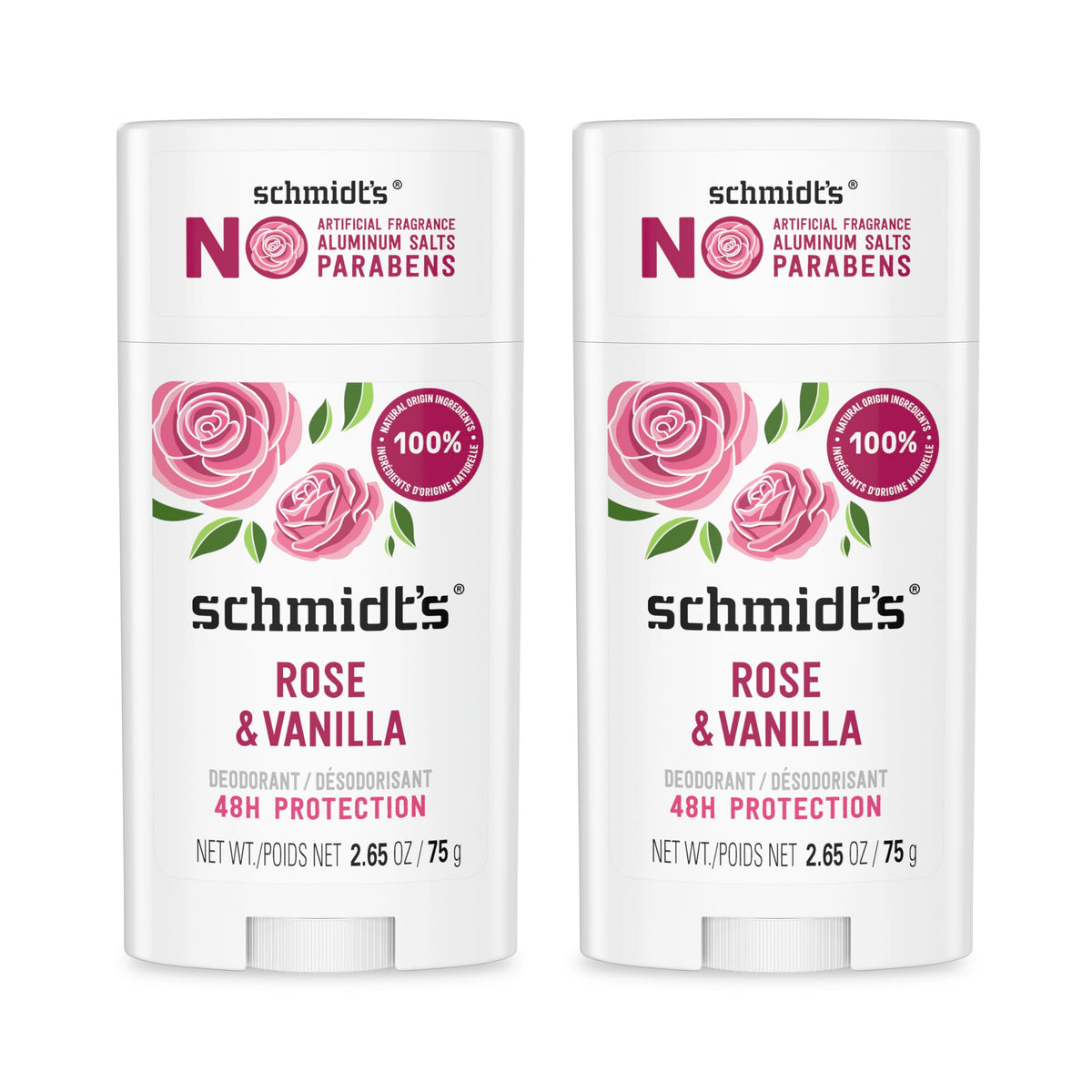 Schmidt's Rosas y vainilla, envase frontal, desodorante natural sin aluminio para uso diario.