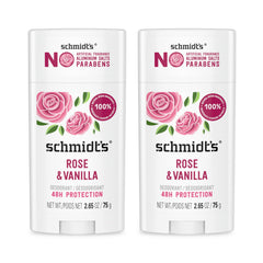Schmidt's Rosas y vainilla, envase frontal, desodorante natural sin aluminio para uso diario.