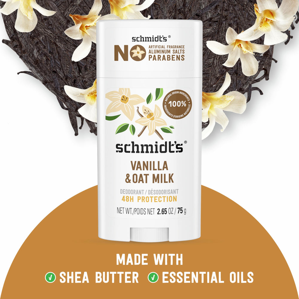 Schmidt’s desodorante vainilla y leche de avena, ingredientes naturales y veganos para el cuidado diario.