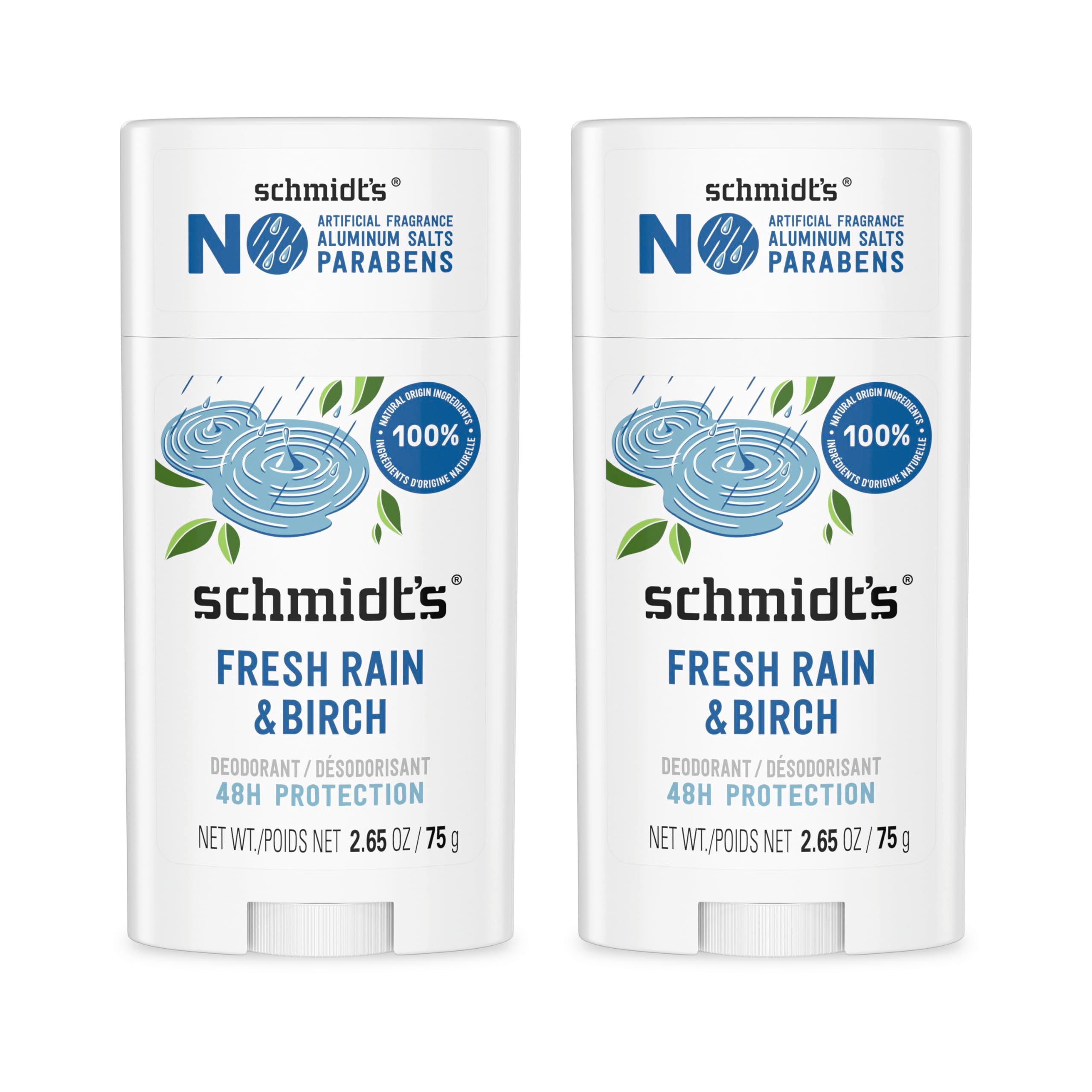 Schmidt's Fresh Rain & Birch, barra desodorante, protección 24 horas para axilas.