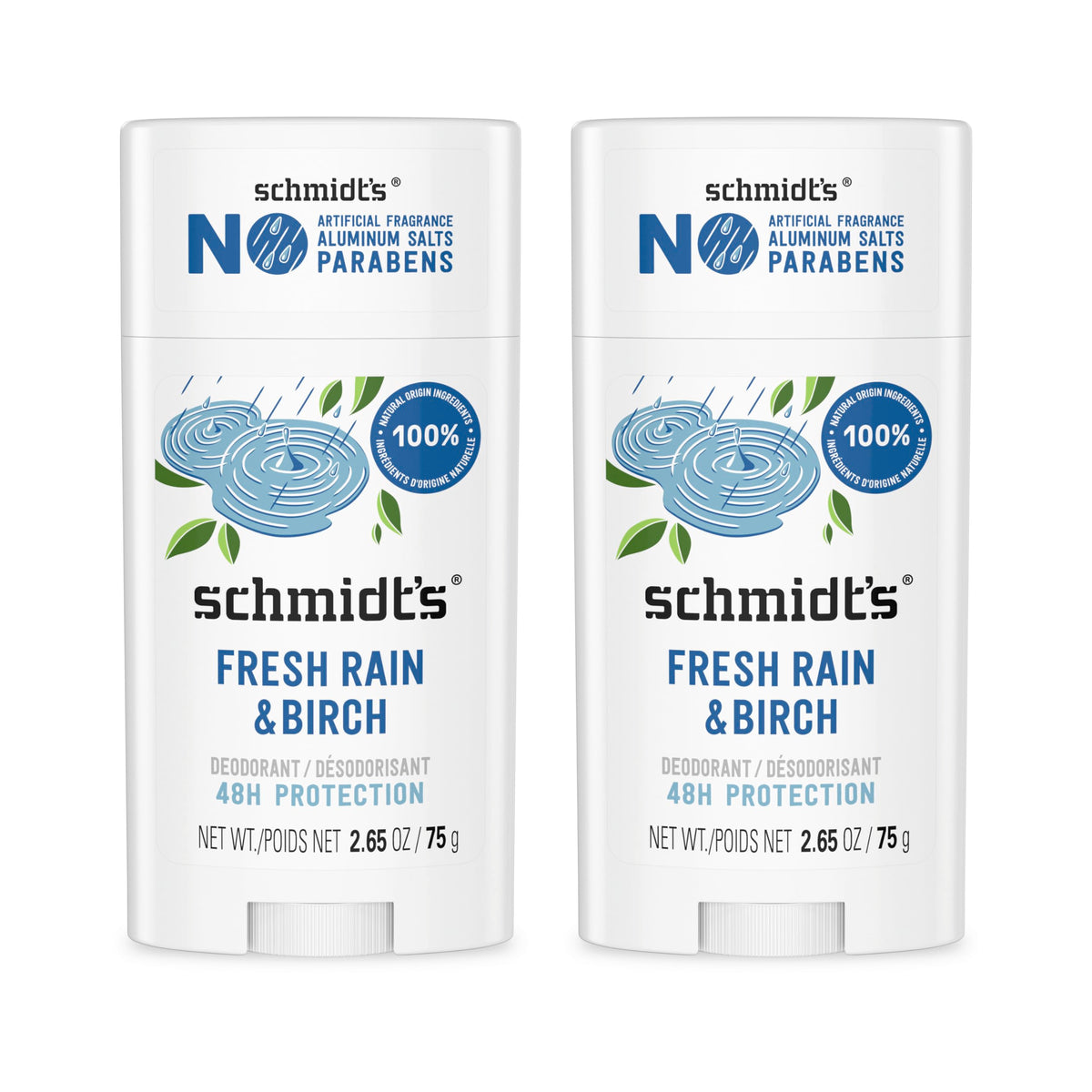 Schmidt's Fresh Rain & Birch, barra desodorante, protección 24 horas para axilas.