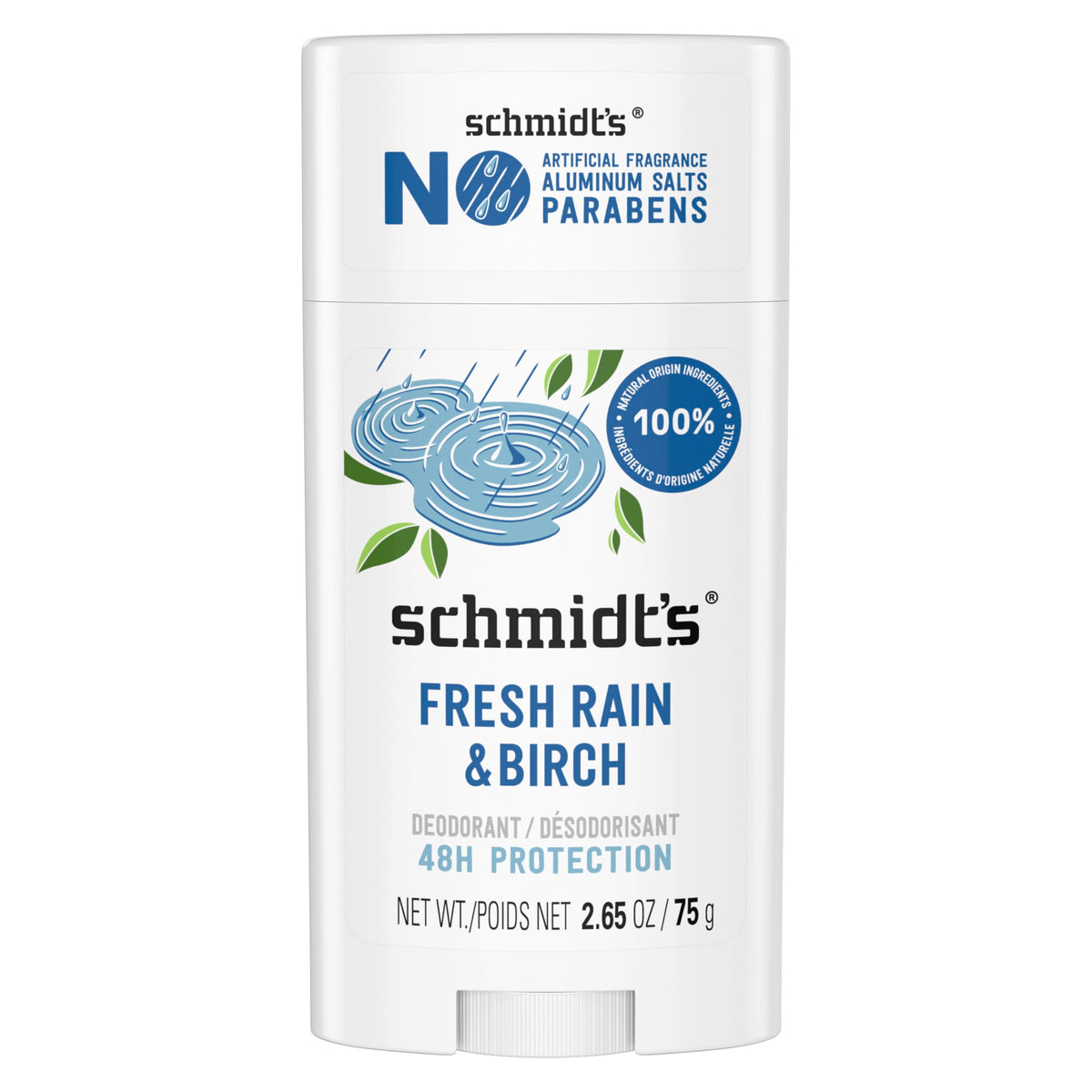 Sch Schmidt's Fresh Rain & Birch deodorant bottle delivers long-lasting freshness.