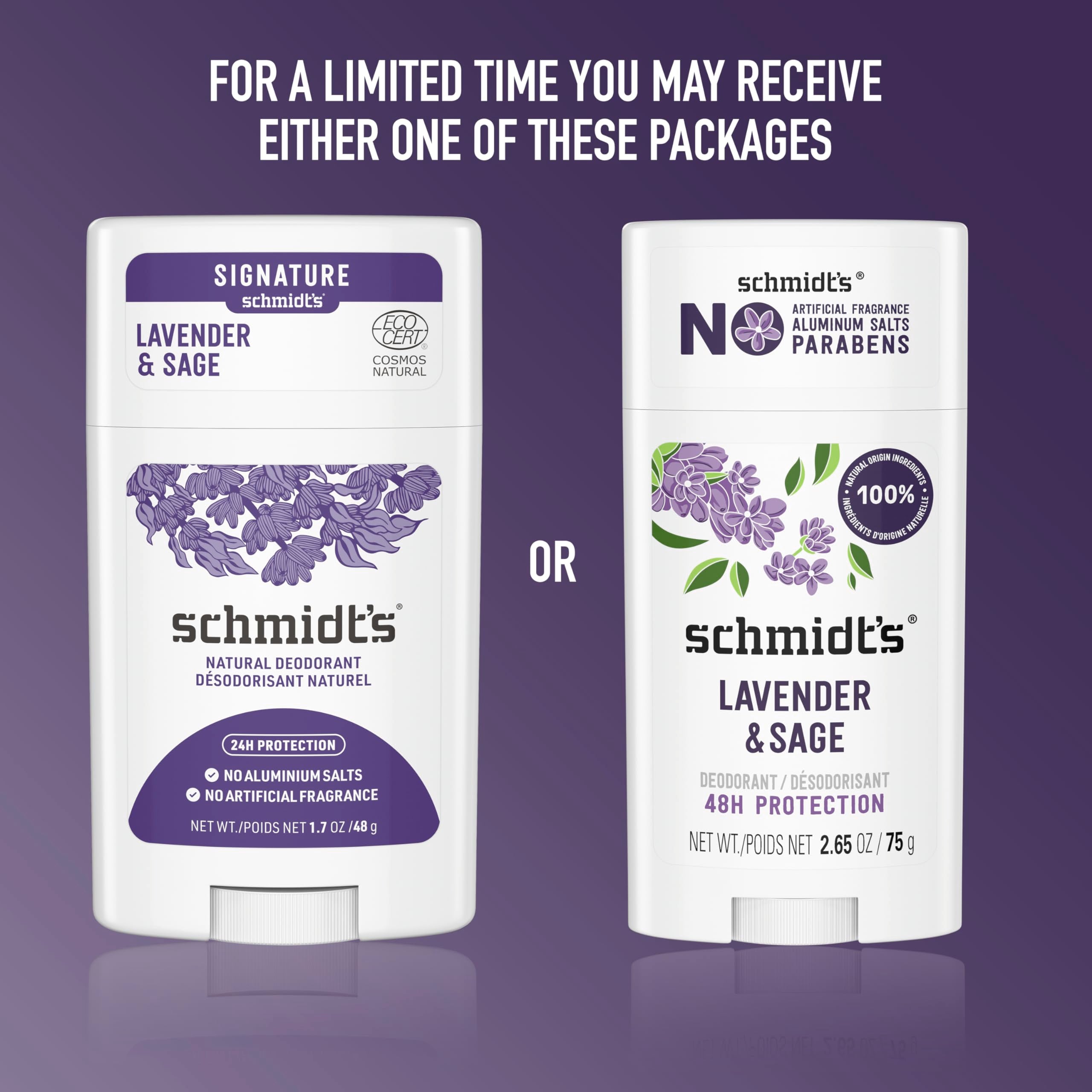 Schmidt's Lavender & Sage deodorant highlighting 24-hour odor protection claim