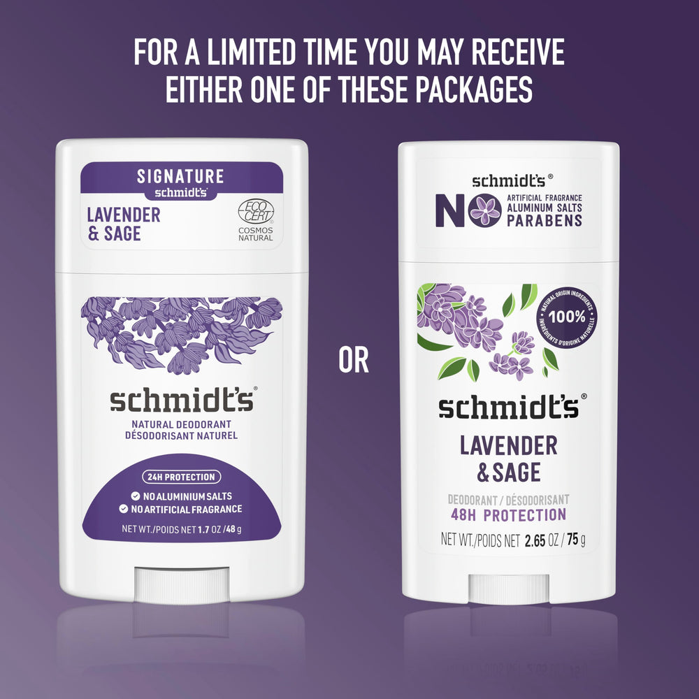 Schmidt's Lavender & Sage deodorant highlighting 24-hour odor protection claim