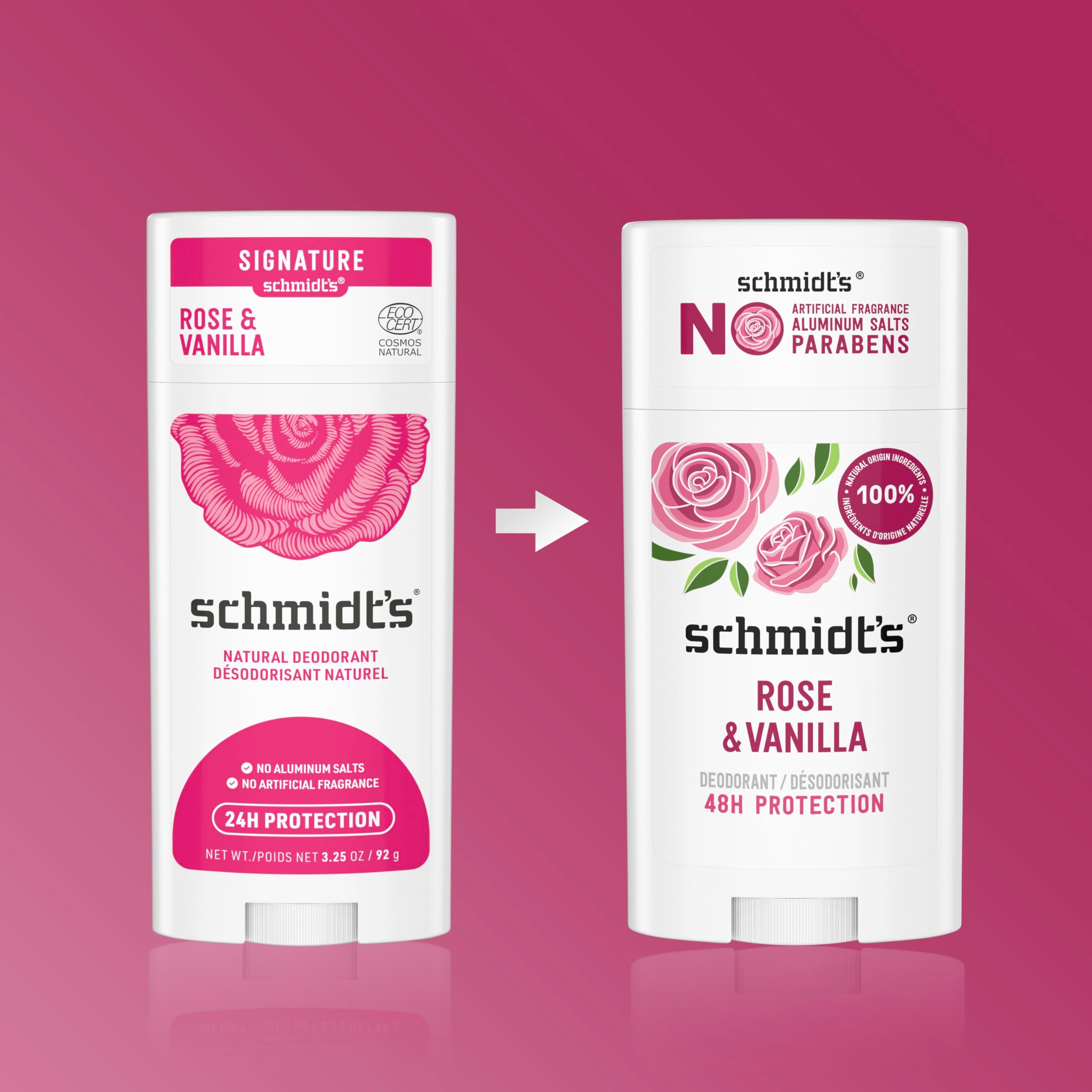 Aroma de rosas y vainilla de Schmidt's Rose & Vanilla, aroma duradero.