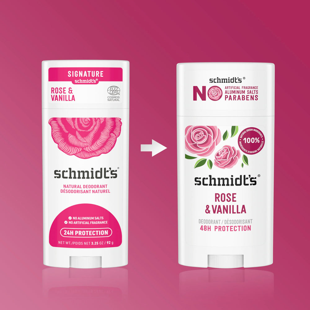 Aroma de rosas y vainilla de Schmidt's Rose & Vanilla, aroma duradero.